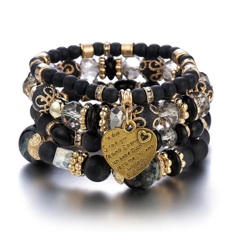 Bohemia Beaded Bracelet Set for Women and Men - Heart Charm Elastic Chain Jewelry