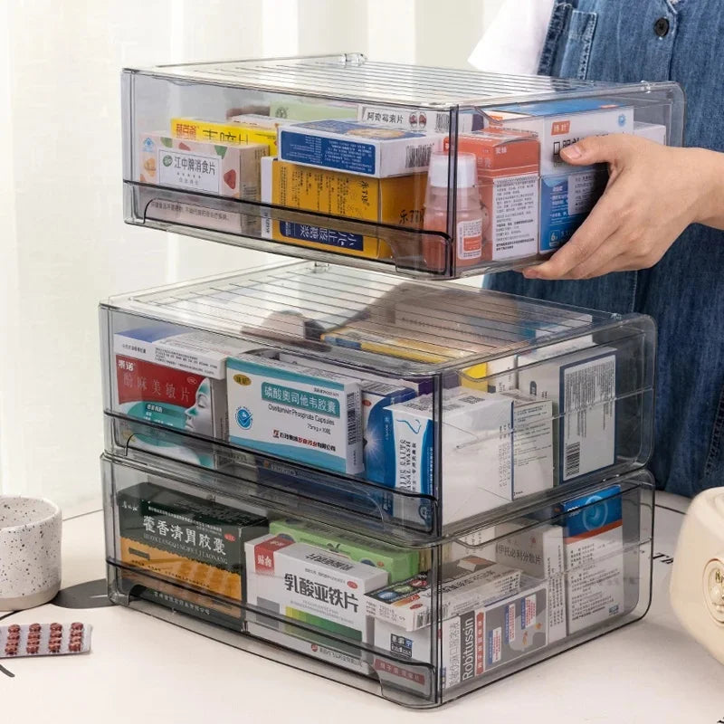 Large Capacity Acrylic Medicine Storage Box with Pull-Out Drawer, Stackable Organizer for Home Medical Supplies