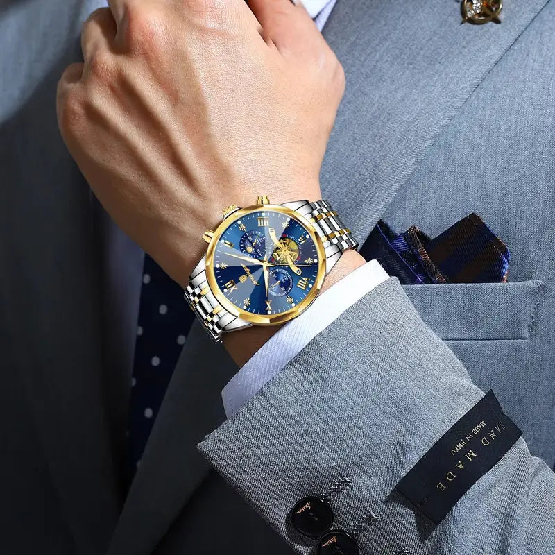 Luxury Waterproof Men’s Chronograph Watch with Luminous Dial - Stainless Steel Quartz Business Wristwatch