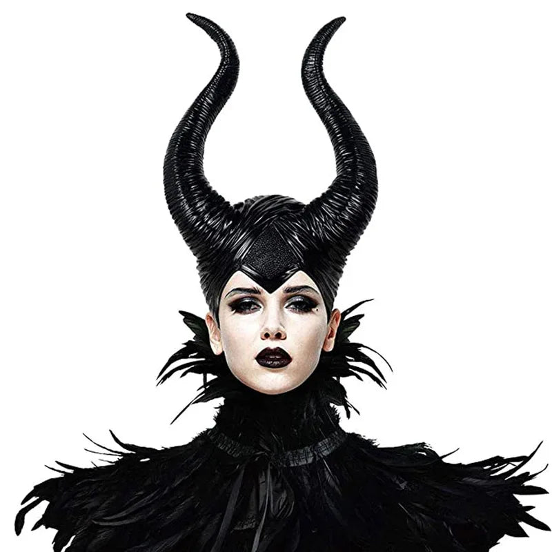 Black Witch Queen Horns Costume Hat Mask for Halloween Cosplay Party Accessories