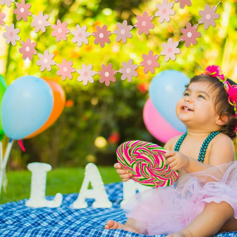 Pink Daisy Party Decor Garland Banners - Spring Boho Flower Cutouts & Flags