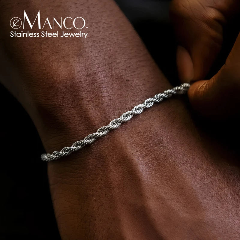 Twisted Rope Chain Bracelet for Men & Women Silver Color Stainless Steel Jewelry