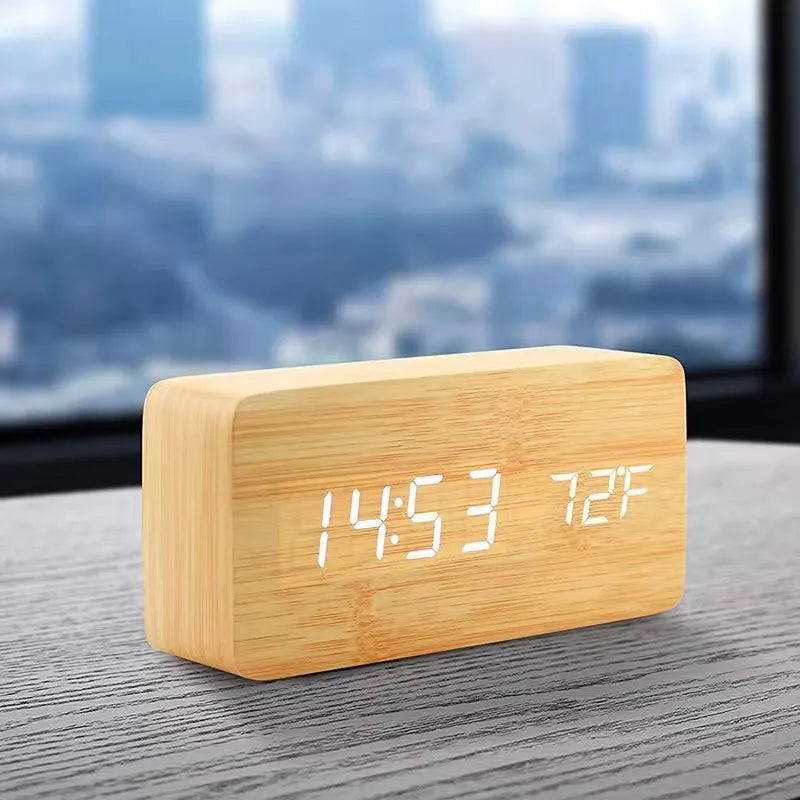 Wooden Digital Alarm Clock with Temperature Display - LED Table Clock for Bedroom & Office