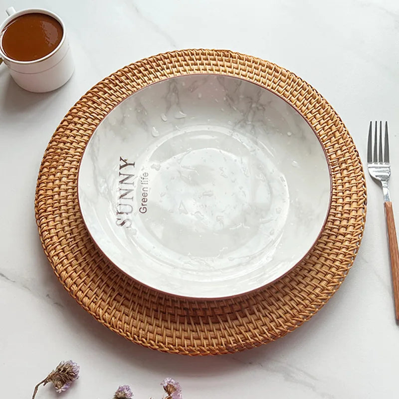 Handmade Rattan Serving Plate - 33cm Round Concave Tray for Home & Dining