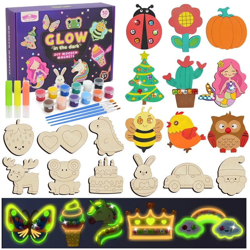 Kids DIY Wooden Magnet Craft Kit with Glow Paint & Accessories