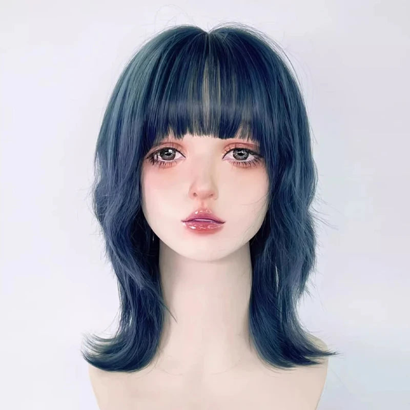 Blue Synthetic Mullet Wig with Bangs Short Straight Cosplay Hair for Parties & Daily Wear