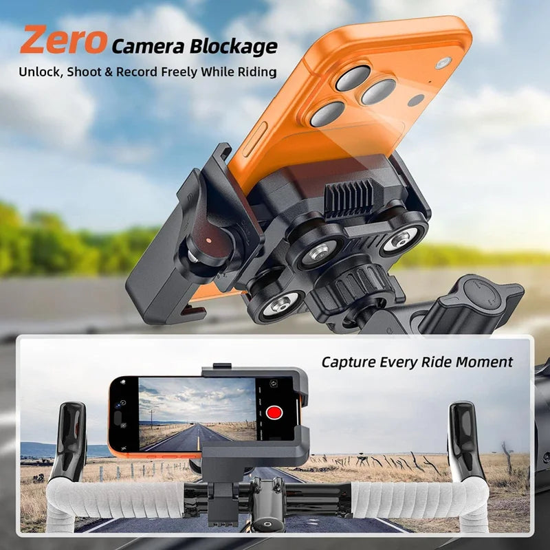 Universal Motorcycle Phone Mount with Shock Absorption & Camera-Friendly Design