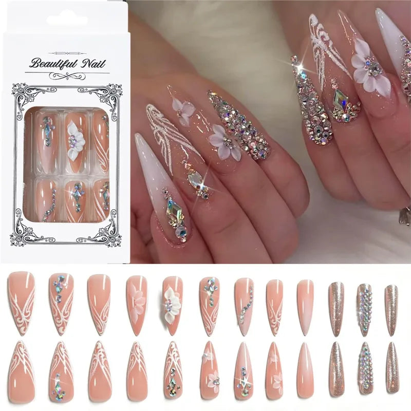 24Pcs Long Stiletto Fake Nails with Rhinestones & Gradient Finish — Full Cover French Style Press On Nails