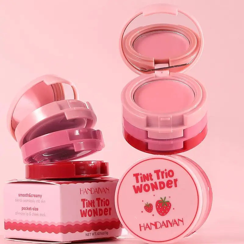 Multi-Use Makeup Palette with 3 Colors for Cheeks Lips & Eyes - Folding Matte Blush & Lip Tray
