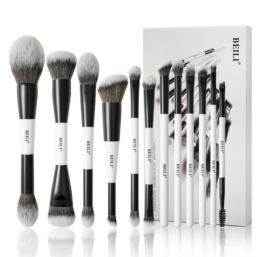 Dual-Ended Makeup Brush Set - 12 Vegan Professional Contour Foundation Eyebrow Brushes