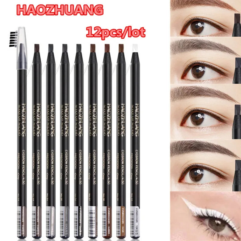 12-Piece Waterproof Eyebrow Pencil Set for Natural Long-Lasting Brows - Multiple Colors
