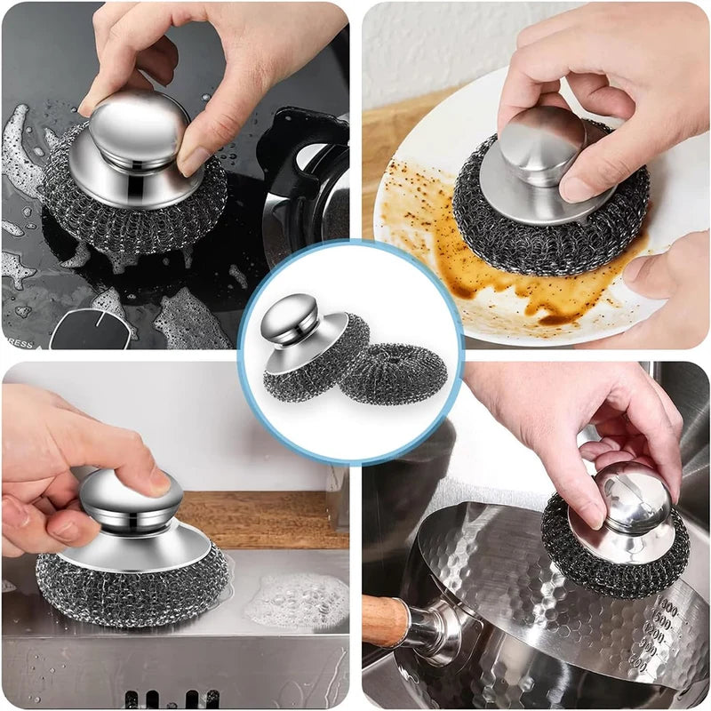 Stainless Steel Kitchen Washing Brush Set with Handle for Dishes Pots & Pans