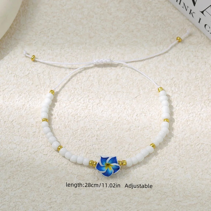 Colorful Clay Frangipani Charm Bracelet Set for Women - Adjustable Rope Jewelry Gift 12 pcs