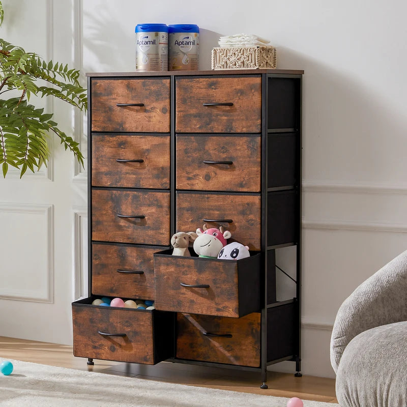 10-Drawer Fabric Bedside Storage Cabinet with Steel Frame for Bedroom and Living Room