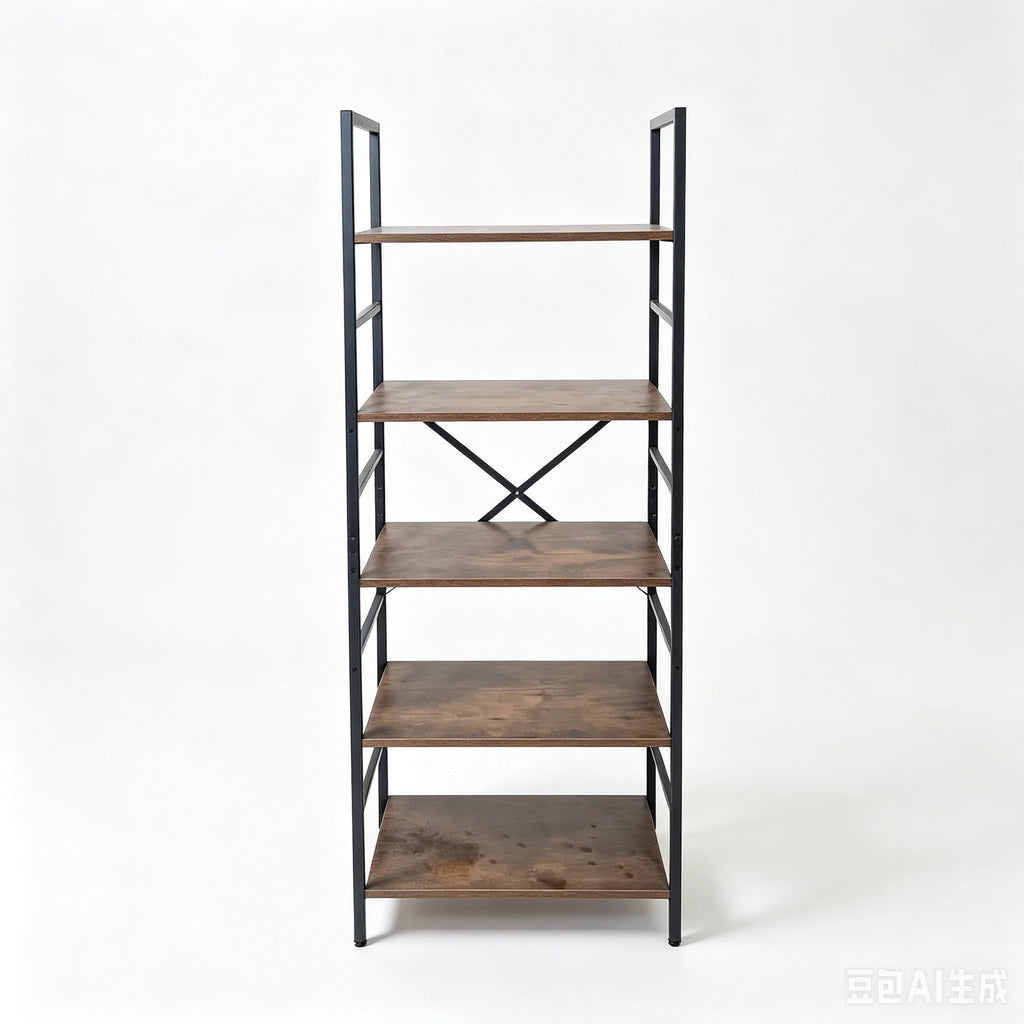 Industrial Wooden Bookcase Storage Shelf with Metal Frame - 5 & 6 Tier Freestanding Organizer