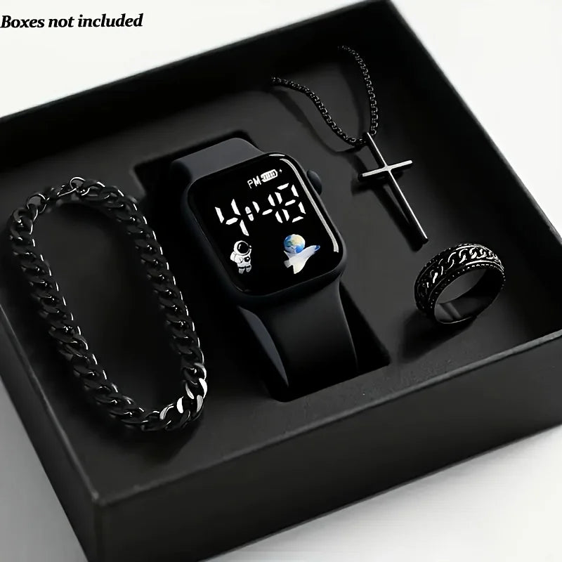Men's Accessory Gift Box Set with Digital Watch Vintage Necklace Bracelet Ring