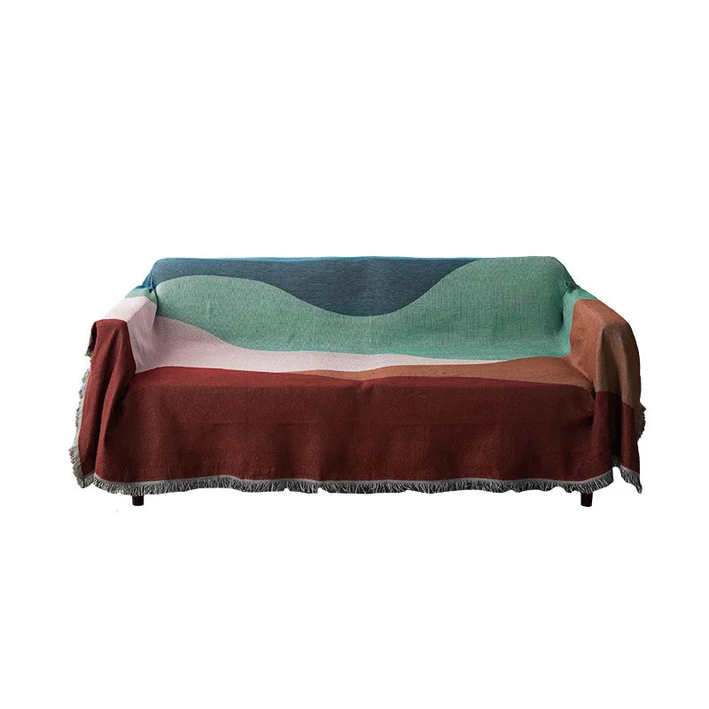 Boho Abstract Wave Woven Throw Blanket - Color Block Fringed Sofa Cover & Tapestry