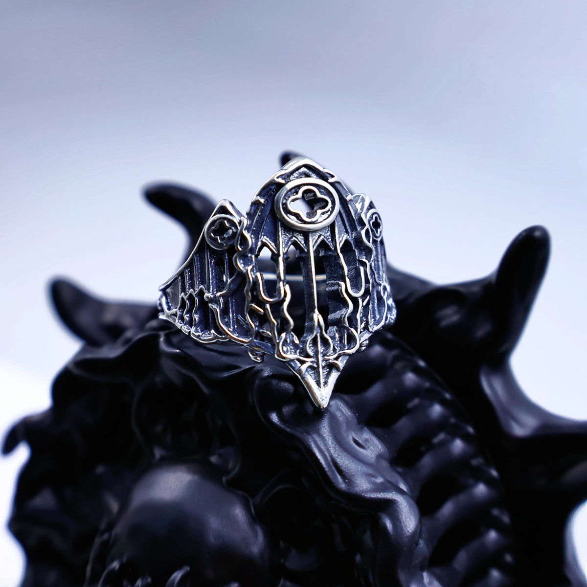 Retro Gothic Cathedral Open Ring for Men Silver-Plated Brass Dark Indie Jewelry