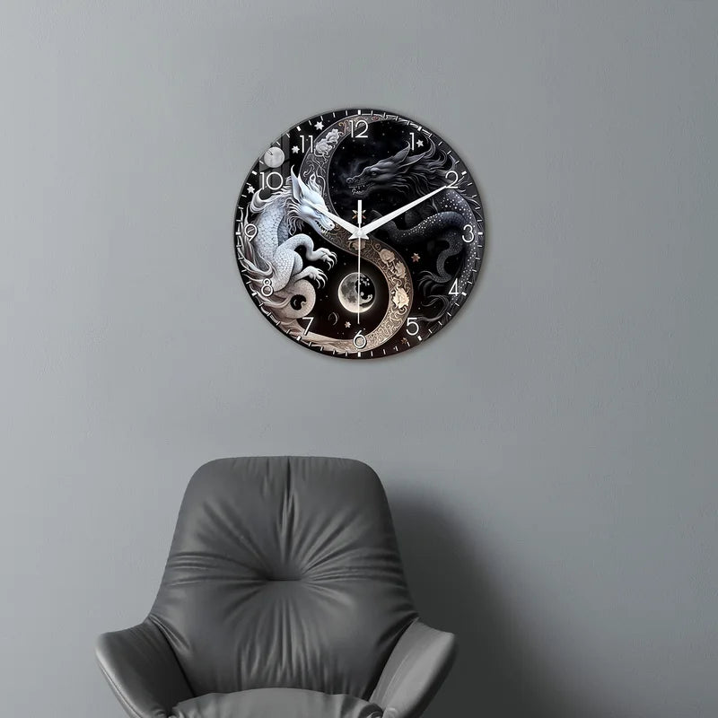 Glass Wall Clock with Dragon Design - Black and White Mythology Wall Decor - Quiet Home Clock