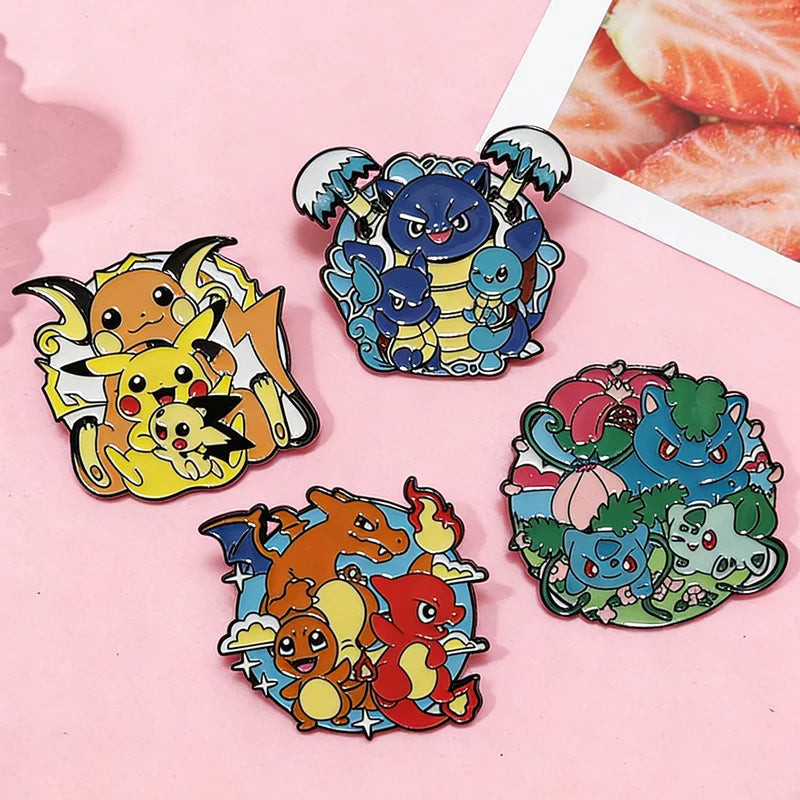 4-Piece Pokemon Enamel Pins Set - Anime Pikachu Bulbasaur Charizard Badge Brooch