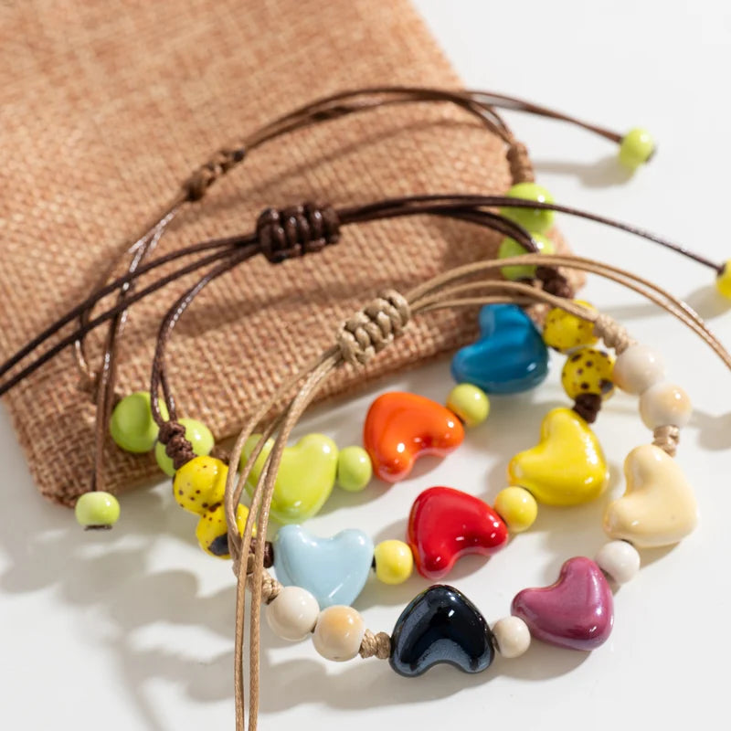 Boho Adjustable Ceramic Heart Beads Bracelet for Couples & Friends
