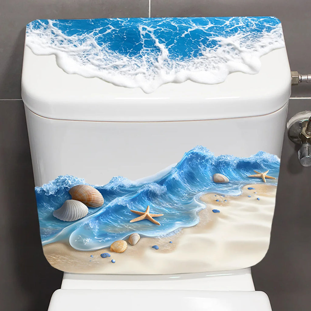 3D Ocean Wave Toilet Sticker - Waterproof Bathroom Wall Decal, Beach Seashore Decor