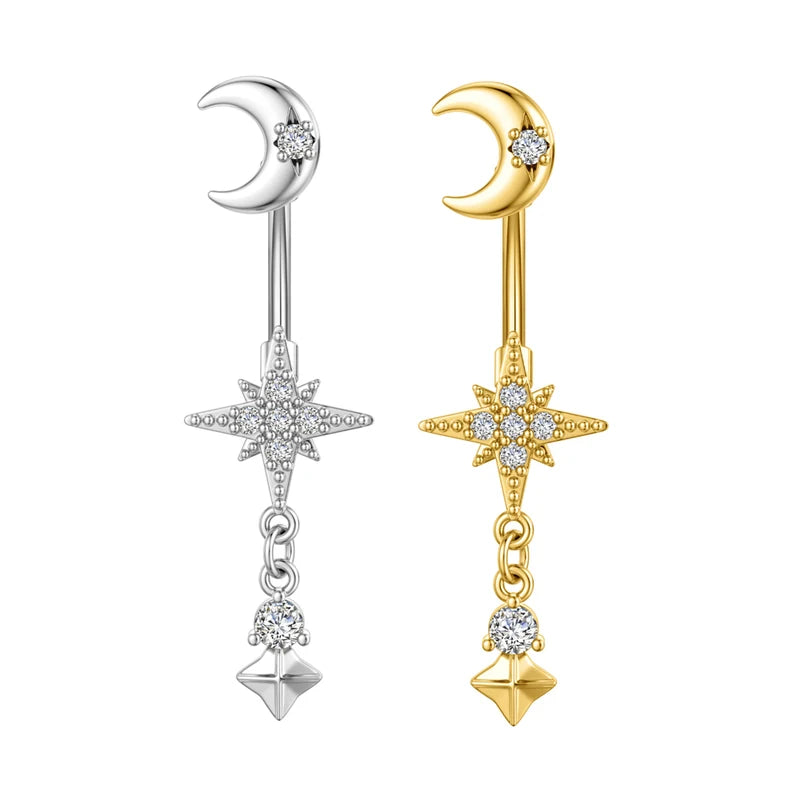 Moon & Star Belly Piercing Jewelry 14G Curved Navel Ring for Women Girls