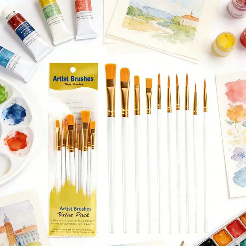 10-Piece Artist Paint Brush Set - Nylon Bristle Watercolor, Acrylic & Oil Brushes