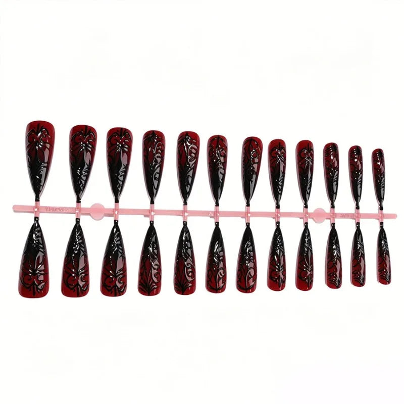 Halloween Long Pointed Fake Nails with Blood-Red Spider Web Design - 24Pcs