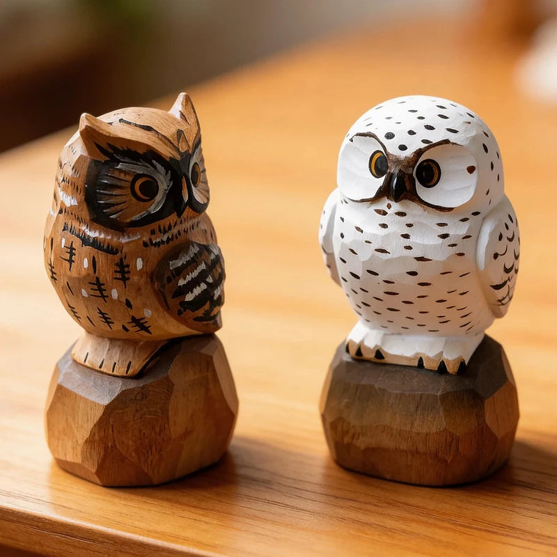 Hand Carved Wooden Owl Figurine Animal Decor Ornament - Home & Gift