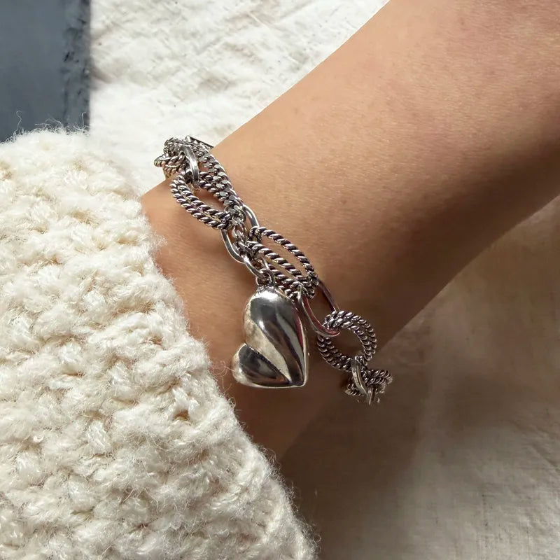 Solid Sterling Silver Heart Letter Bracelet for Women Men Handmade Birthday Gift