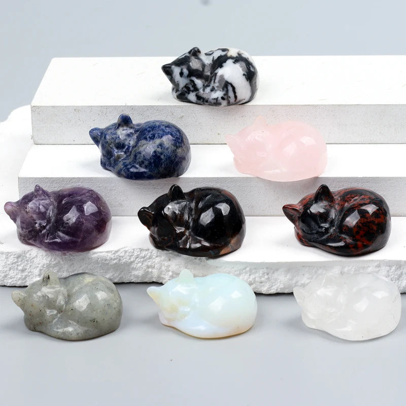 Crystal Energy Cat Figurines Set - Natural Stones Chakra Home Decor