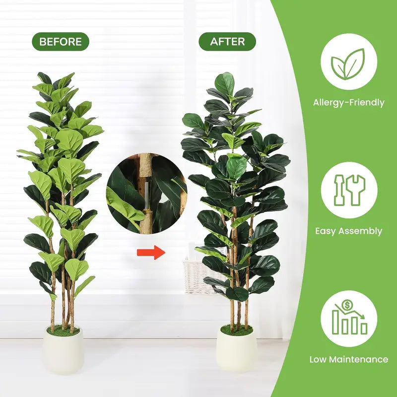 Artificial Fiddle Leaf Fig Tree with Pot - Faux Indoor Plant, Greenery, Fake Tree