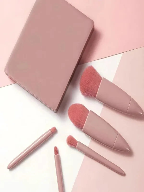 Pink Makeup Brush Set with Mirror Compact - 5 Soft Bristles for Face & Eye Makeup