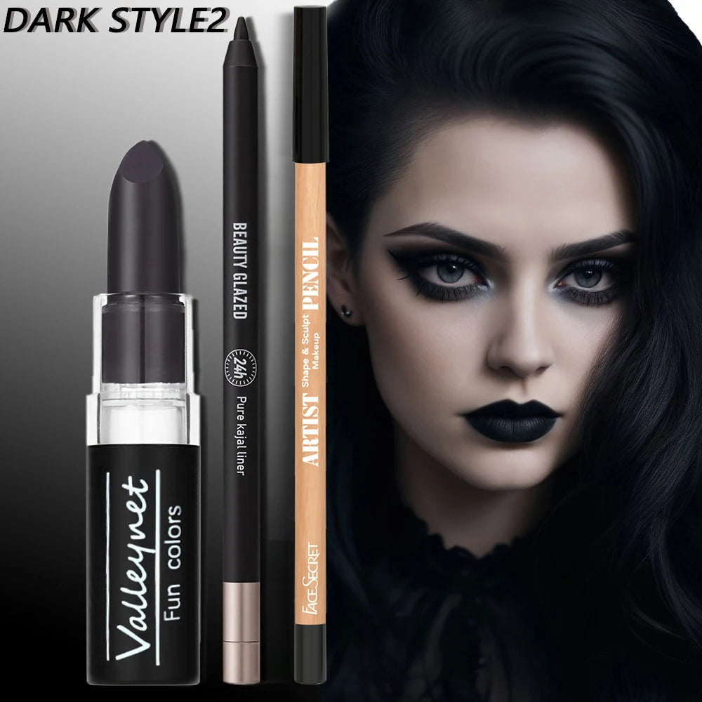 Dark Punk Makeup Set - 3 Pieces Matte Black Lipstick, Lip Liner & Waterproof Eyeliner for Halloween