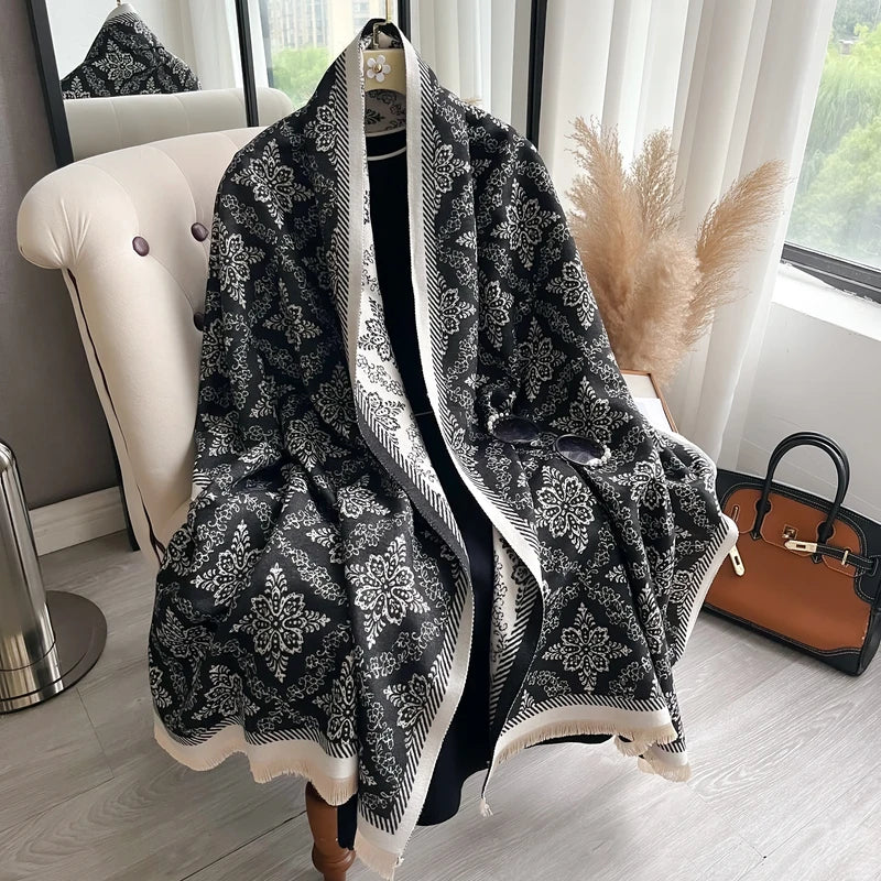 Luxury Ethnic Style Two-Sided Pashmina Scarf with Fringe - Soft Warm Winter Shawl