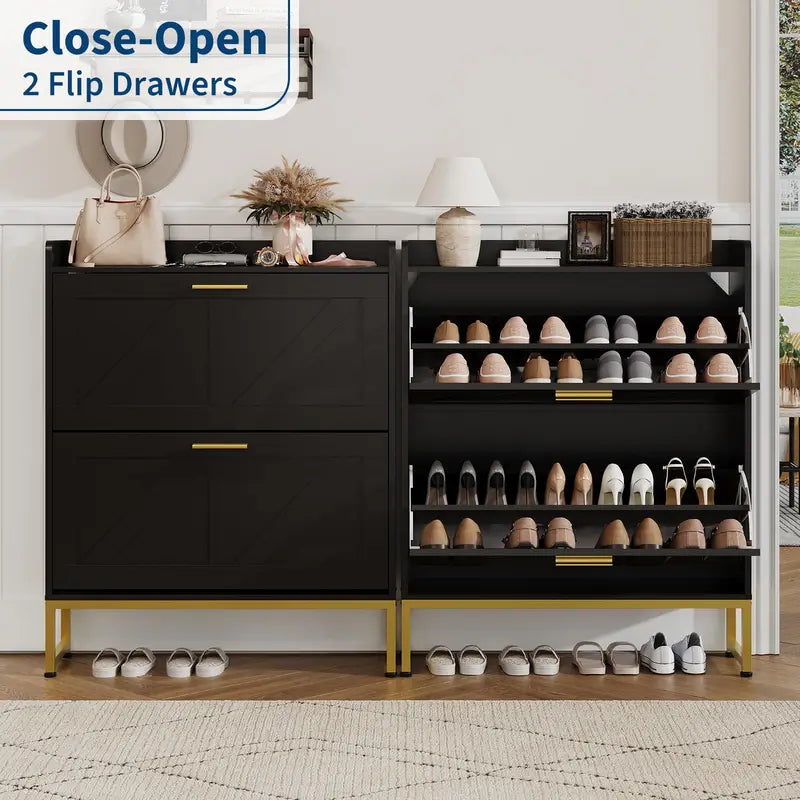 Narrow Shoe Cabinet with Flip Drawers, Adjustable Shelves, Dustproof Back - Freestanding Entryway Storage