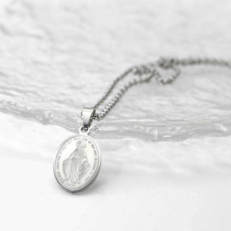 Mini Catholic Our Lady of Miraculous Medal Necklace - Stainless Steel Virgin Mary Pendant, Protection Amulet