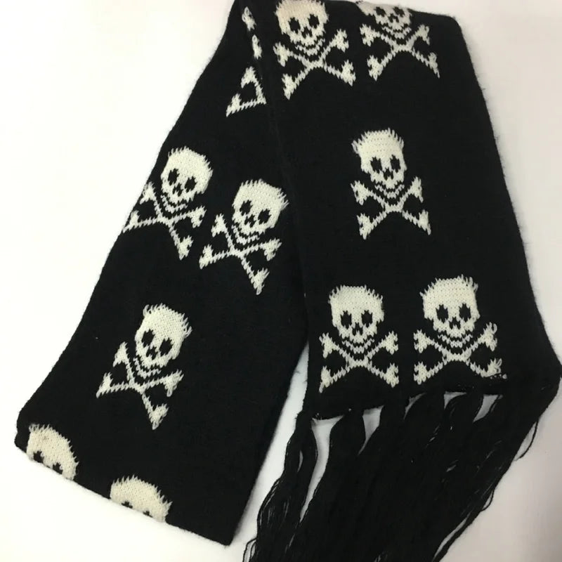 Gothic Halloween Skull Scarf for Women Men - Dark Knit Wrap with Tassels and Fringes
