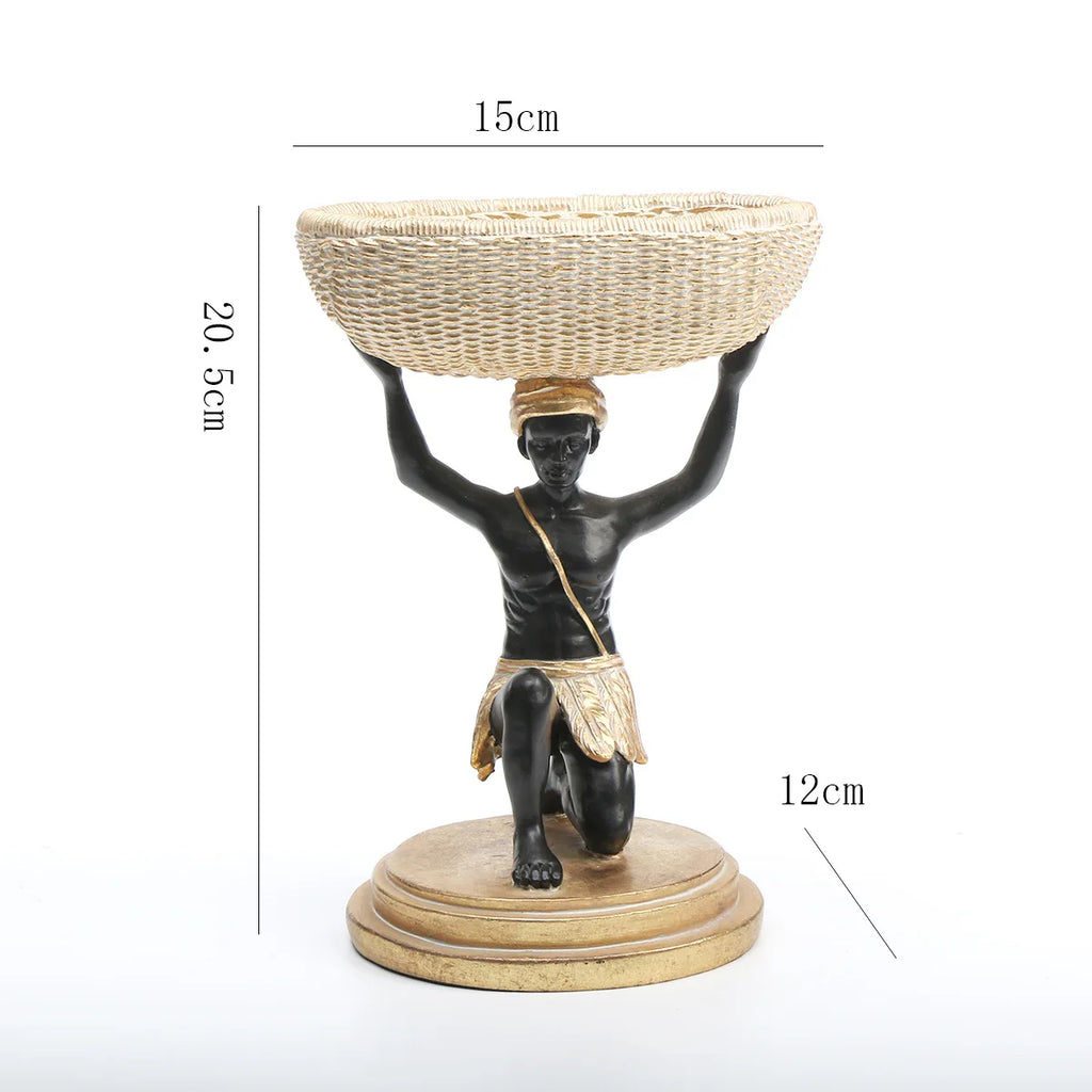 African Black Resin Basket Sculpture | Tribal Woven Storage Decor for Living Room & Entryway