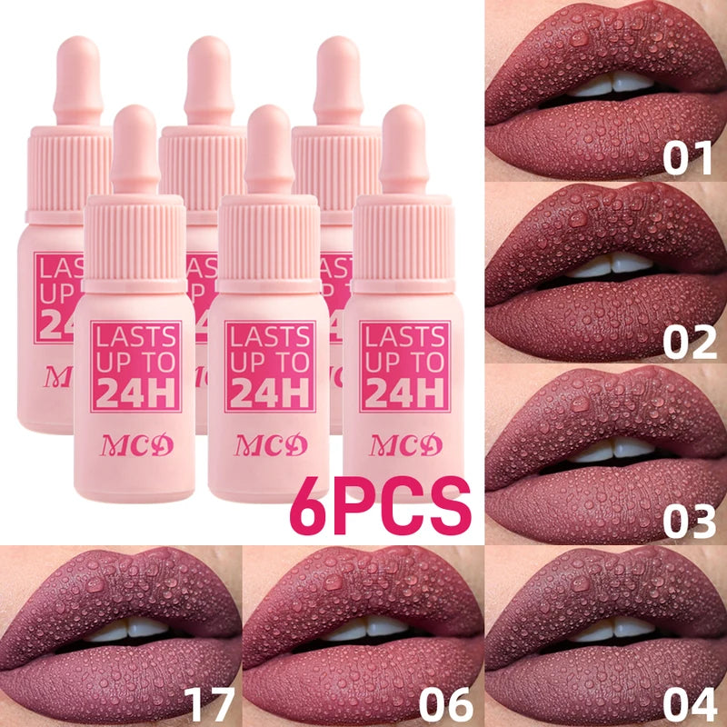 Matte Waterproof Lip Gloss Set - 6 Nude Red Rose Lip Tints for Women