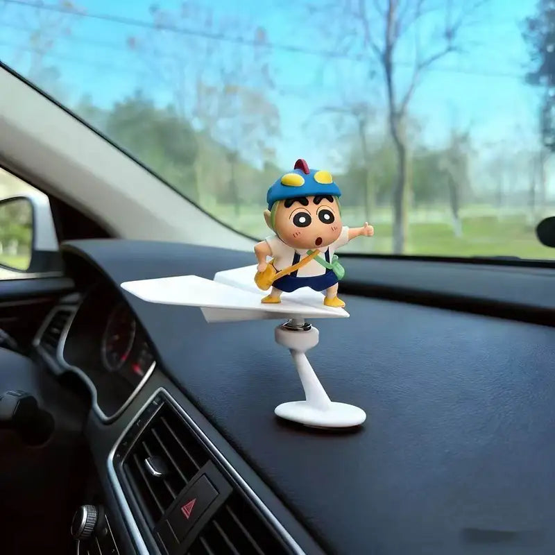 Anime Crayon Shin Chan Figure with Rotating Aircraft Car Dashboard Ornament Gift