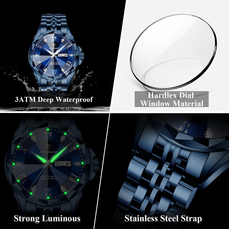 Luxury Men’s Waterproof Luminous Quartz Wristwatch with Date and Week Display