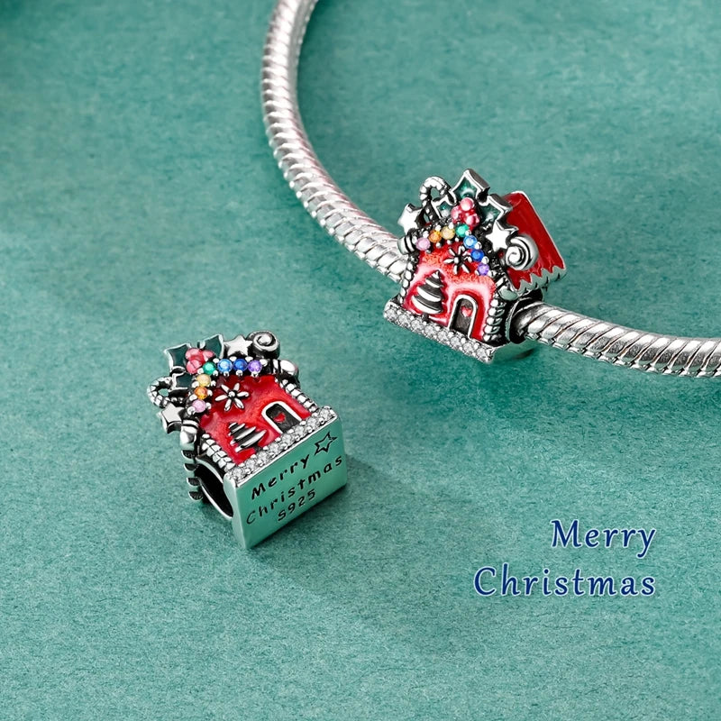 Sterling Silver Santa Claus Charm Bead Christmas House Dangle Pendant Jewelry Making