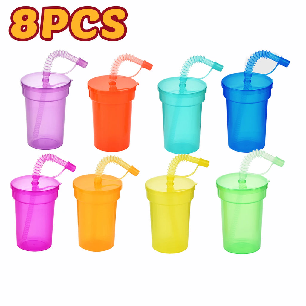 Reusable Spill-Proof Neon Sipper Cups with Lids & Straws for Kids - Multiple Colors