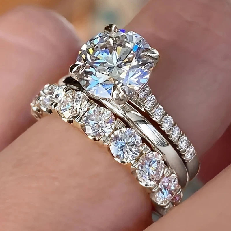 3-Piece Gold Color Zirconia Ring Set for Women - Fashion Finger Jewelry