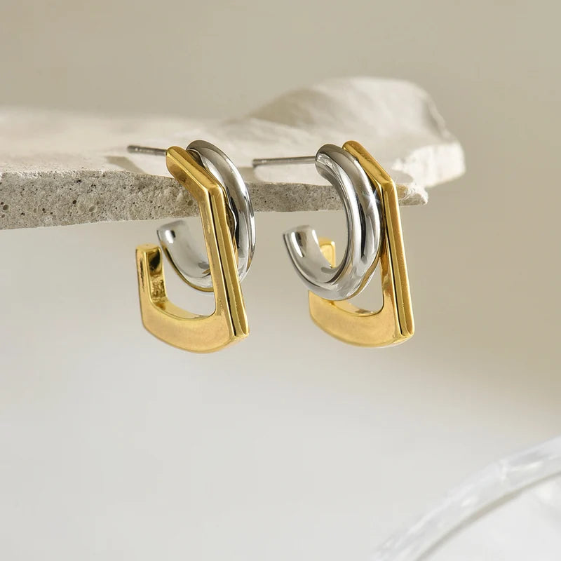 Geometric Double Round Stacking Earrings for Women Stainless Steel Dainty Jewelry