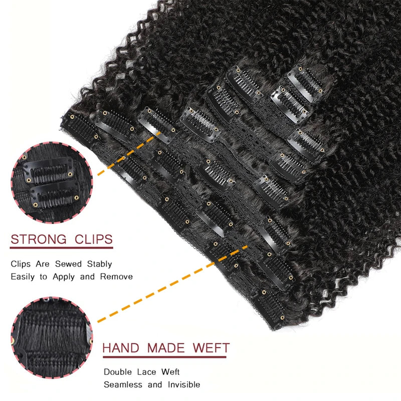Afro Kinky Curly Clip-In Hair Extensions Human Hair Natural Black 8-24 Inches