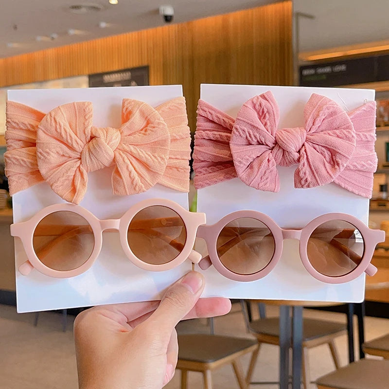 Children's Cotton Bowknot Hairbands & Round Sunglasses Set - Multiple Colors
