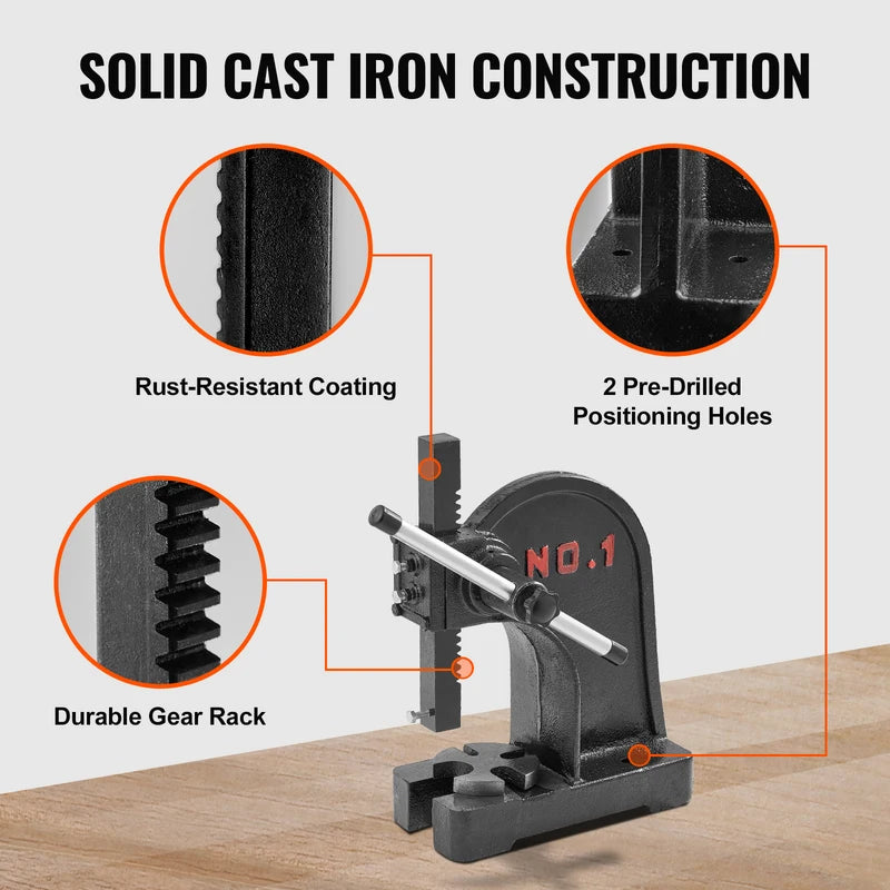 1 Ton Manual Arbor Press Cast Iron Heavy-Duty Hand Press for Metal and Leather Stamping